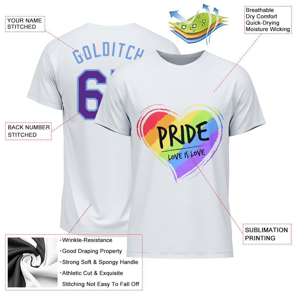 Custom White Purple-Light Blue Rainbow Colored Heart For Pride Love Is Love LGBT Performance T-Shirt view 3