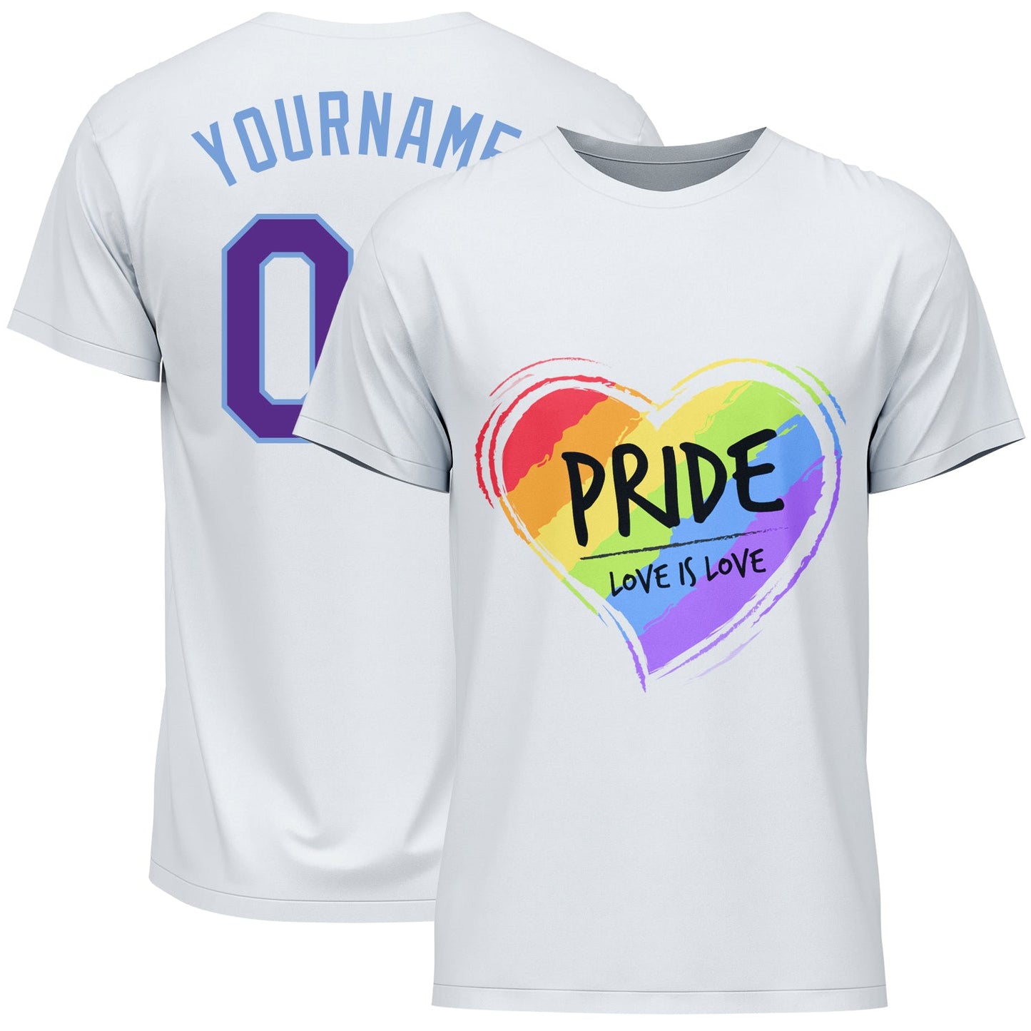Custom White Purple-Light Blue Rainbow Colored Heart For Pride Love Is Love LGBT Performance T-Shirt - Main View