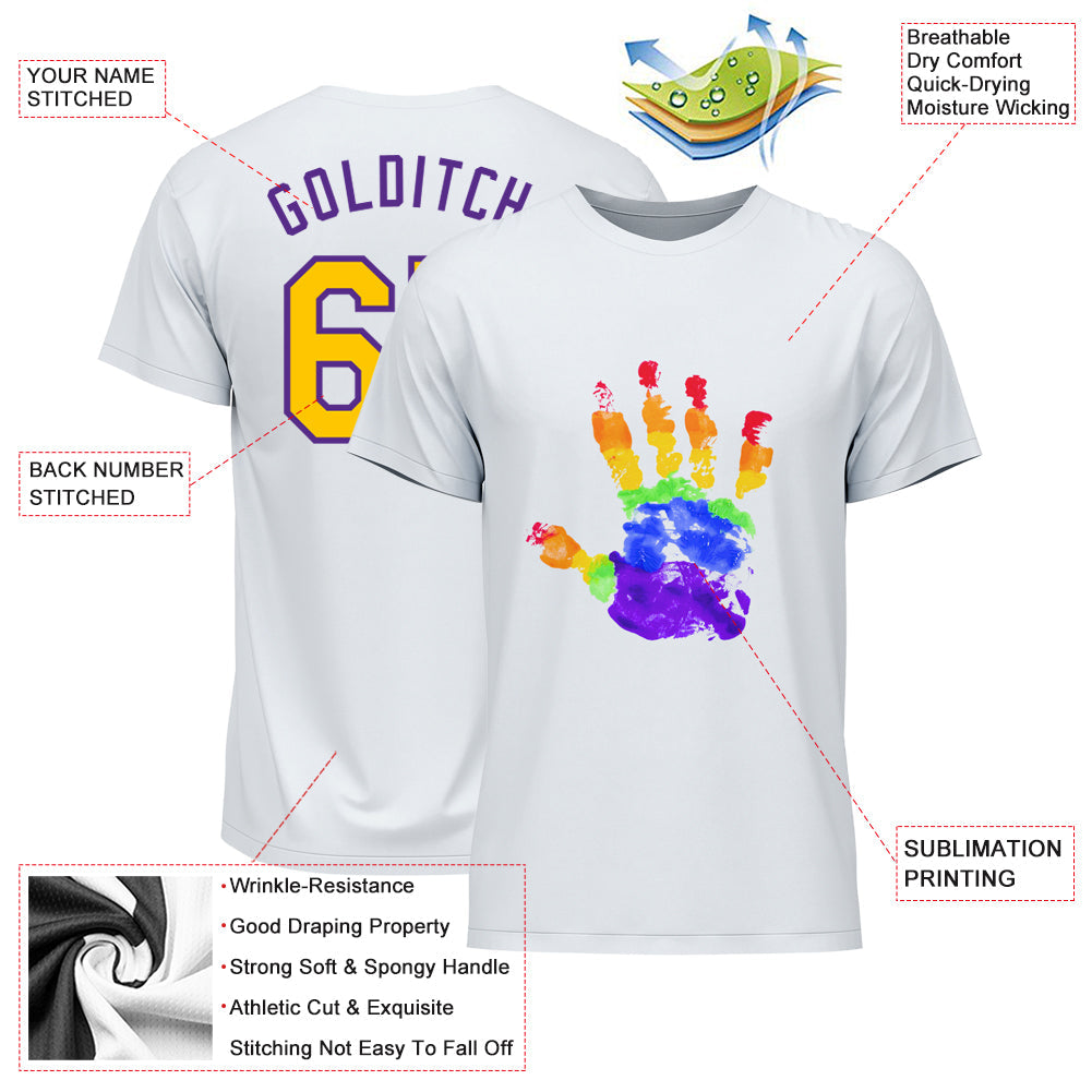 Custom White Gold-Purple Rainbow Colored Hand For Pride LGBT Performance T-Shirt view 3