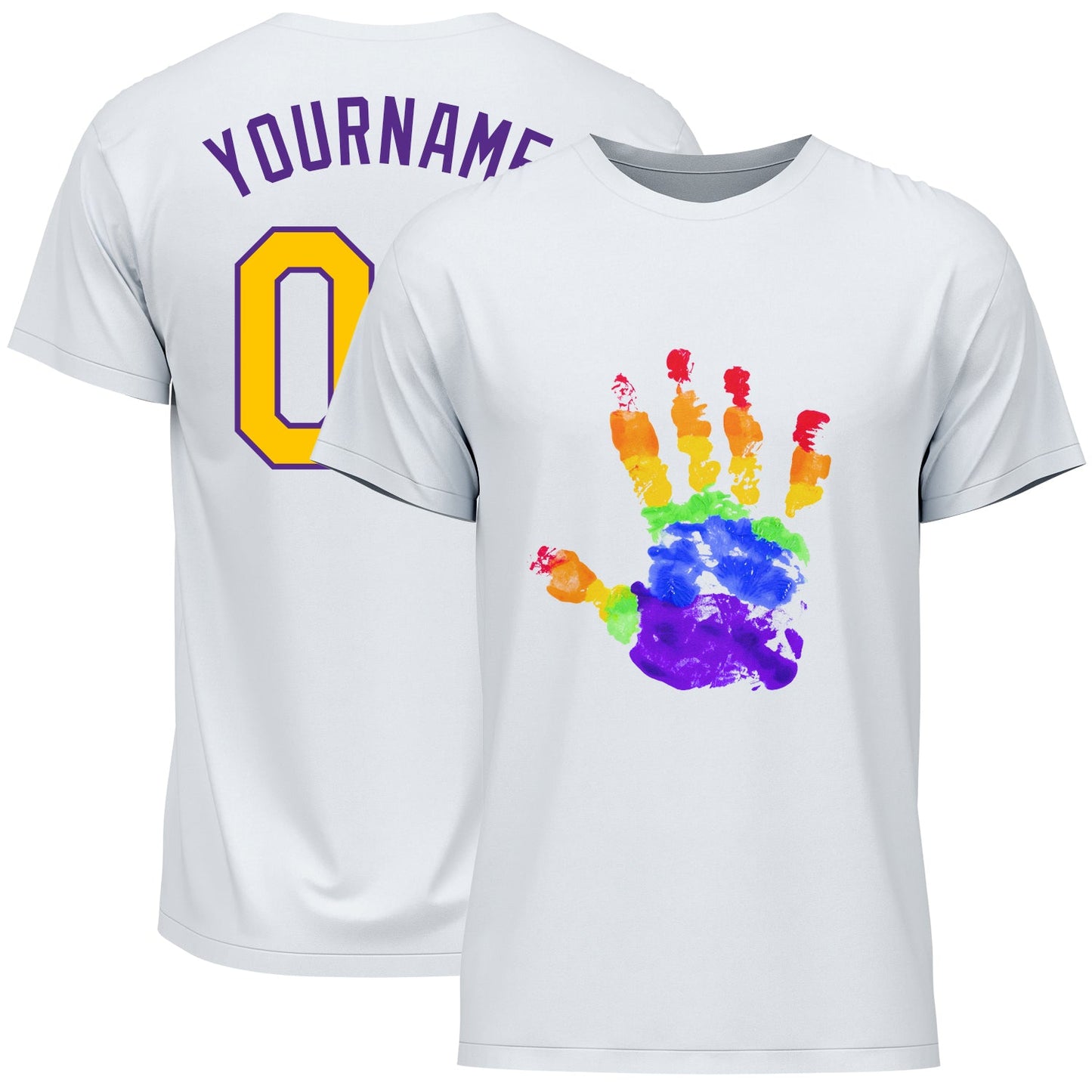 Custom White Gold-Purple Rainbow Colored Hand For Pride LGBT Performance T-Shirt - Main View