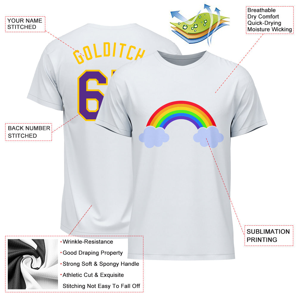 Custom White Purple-Gold Rainbow For Pride LGBT Performance T-Shirt view 3