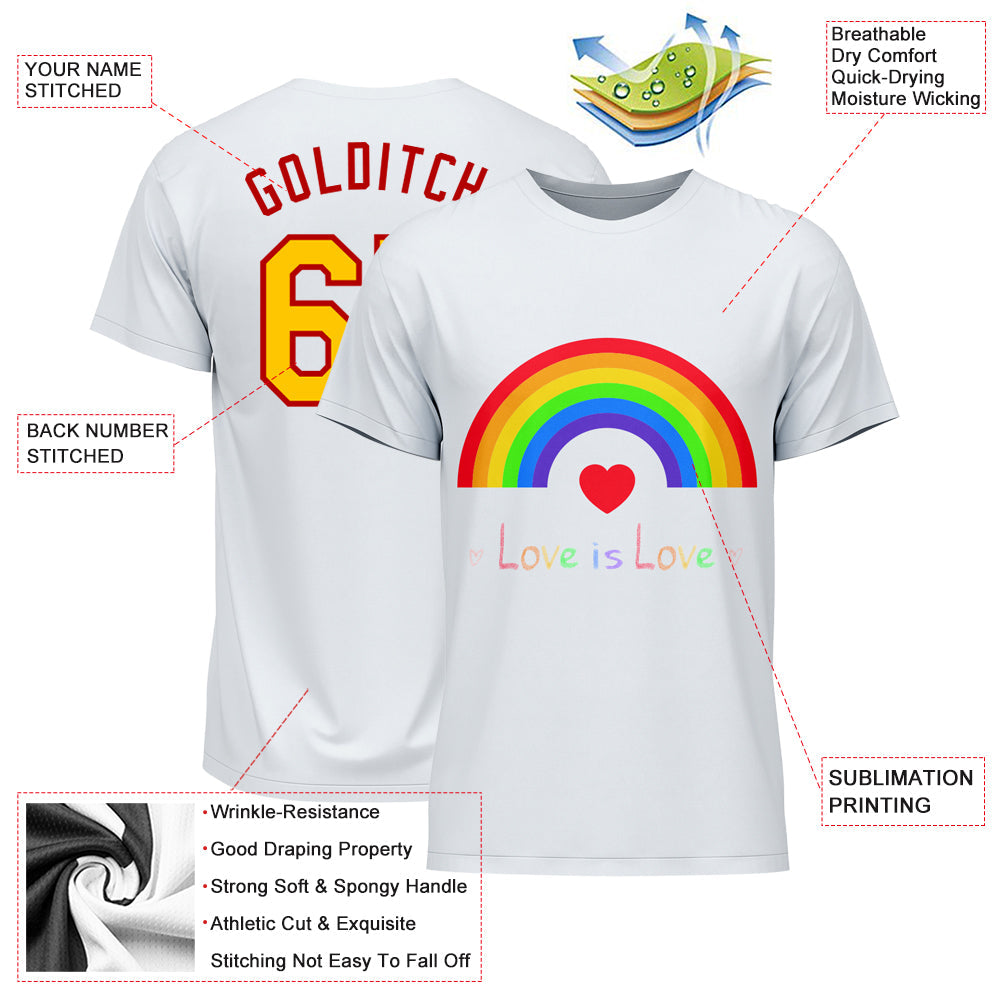 Custom White Gold-Red Rainbow For Pride Month Love Is Love LGBT Performance T-Shirt view 3