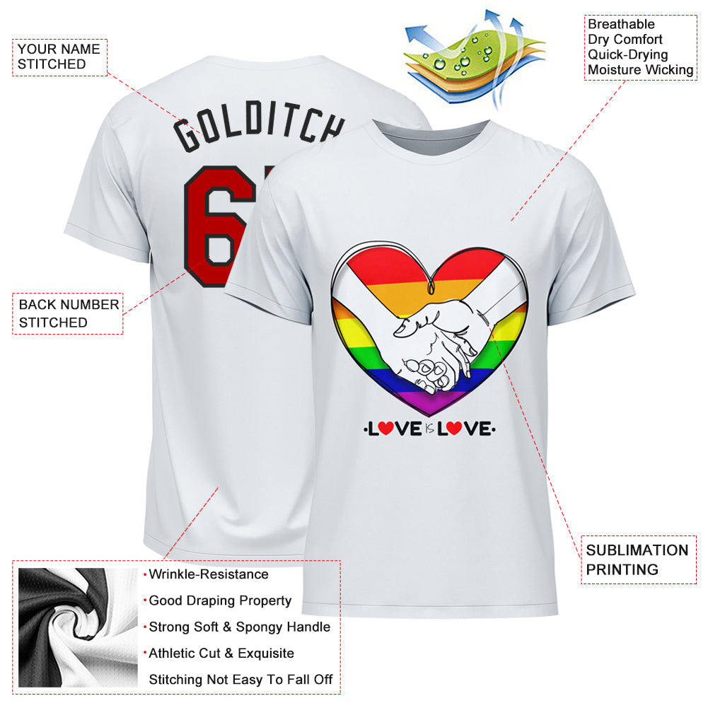 Custom White Gold-Red Rainbow Colored Heart For Pride Month Love Is Love LGBT Performance T-Shirt view 3