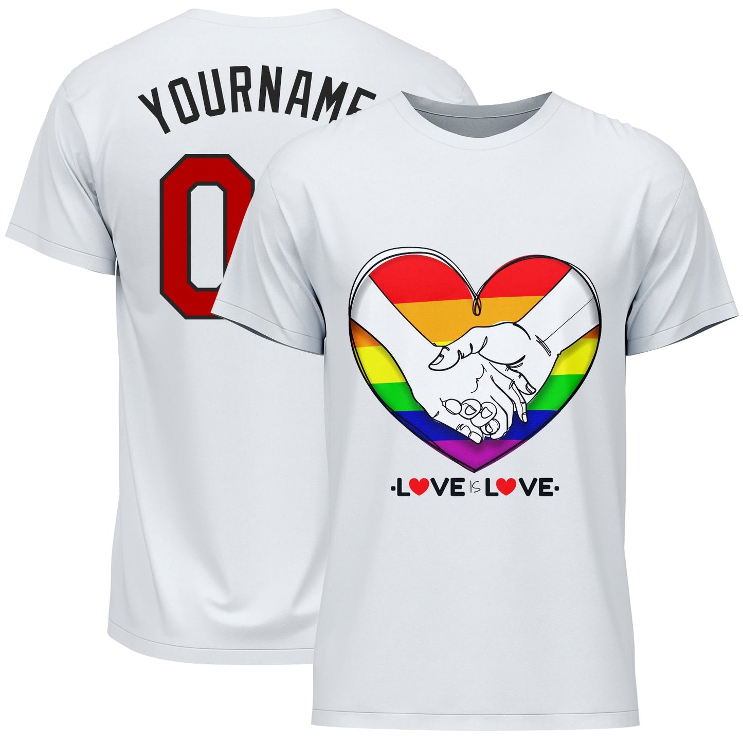 Custom White Gold-Red Rainbow Colored Heart For Pride Month Love Is Love LGBT Performance T-Shirt - Main View