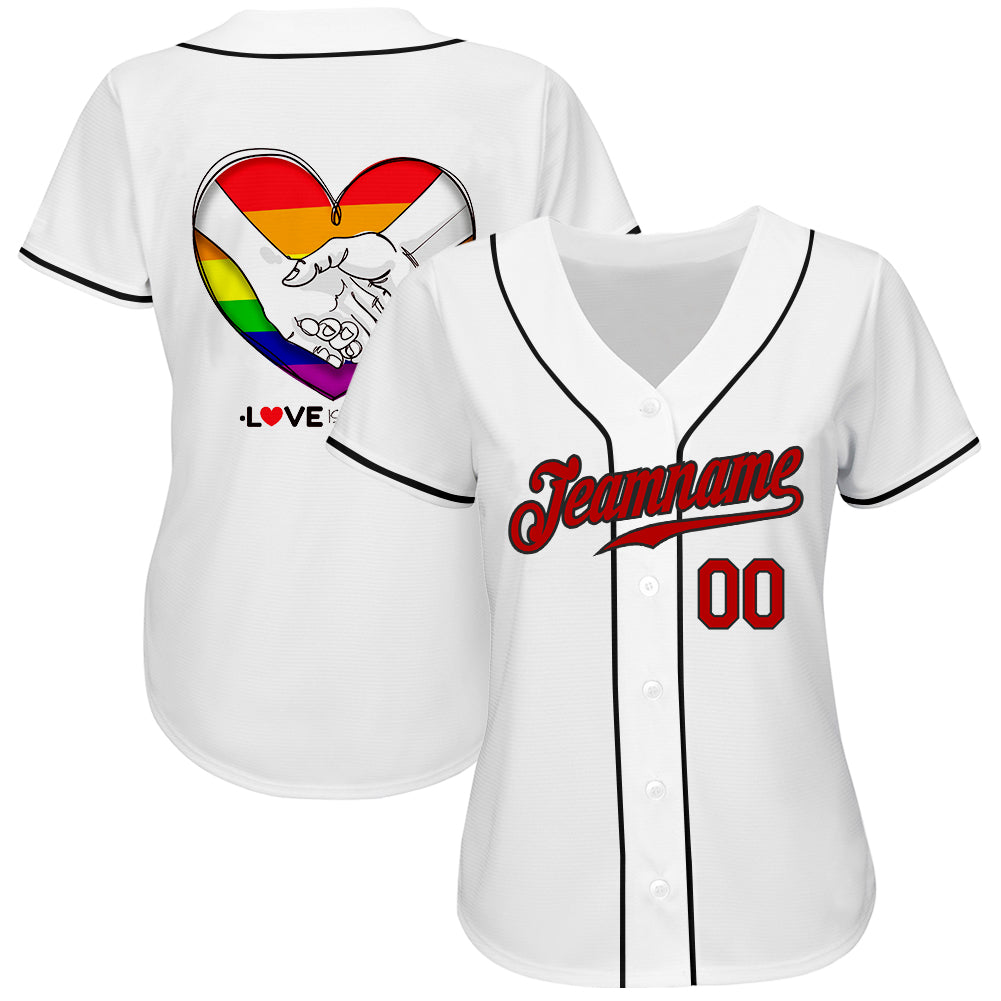 Custom White Red-Black Rainbow Colored Heart For Pride Month Love Is Love LGBT Authentic Baseball Jersey view 3