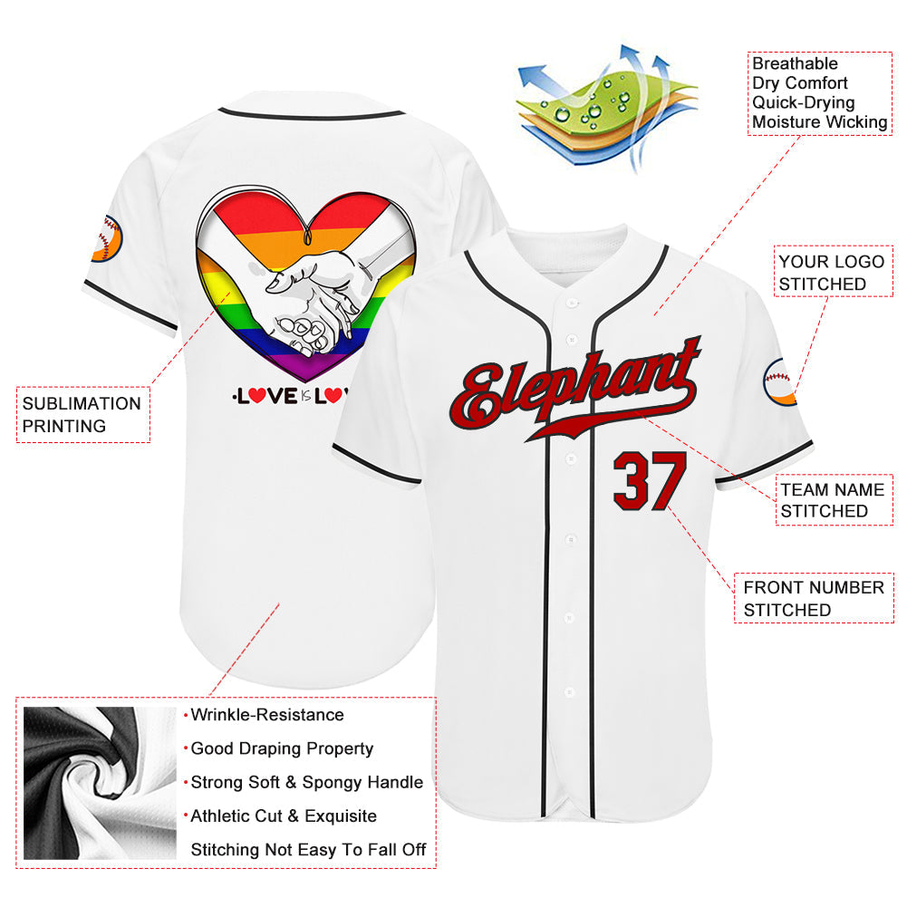 Custom White Red-Black Rainbow Colored Heart For Pride Month Love Is Love LGBT Authentic Baseball Jersey view 4