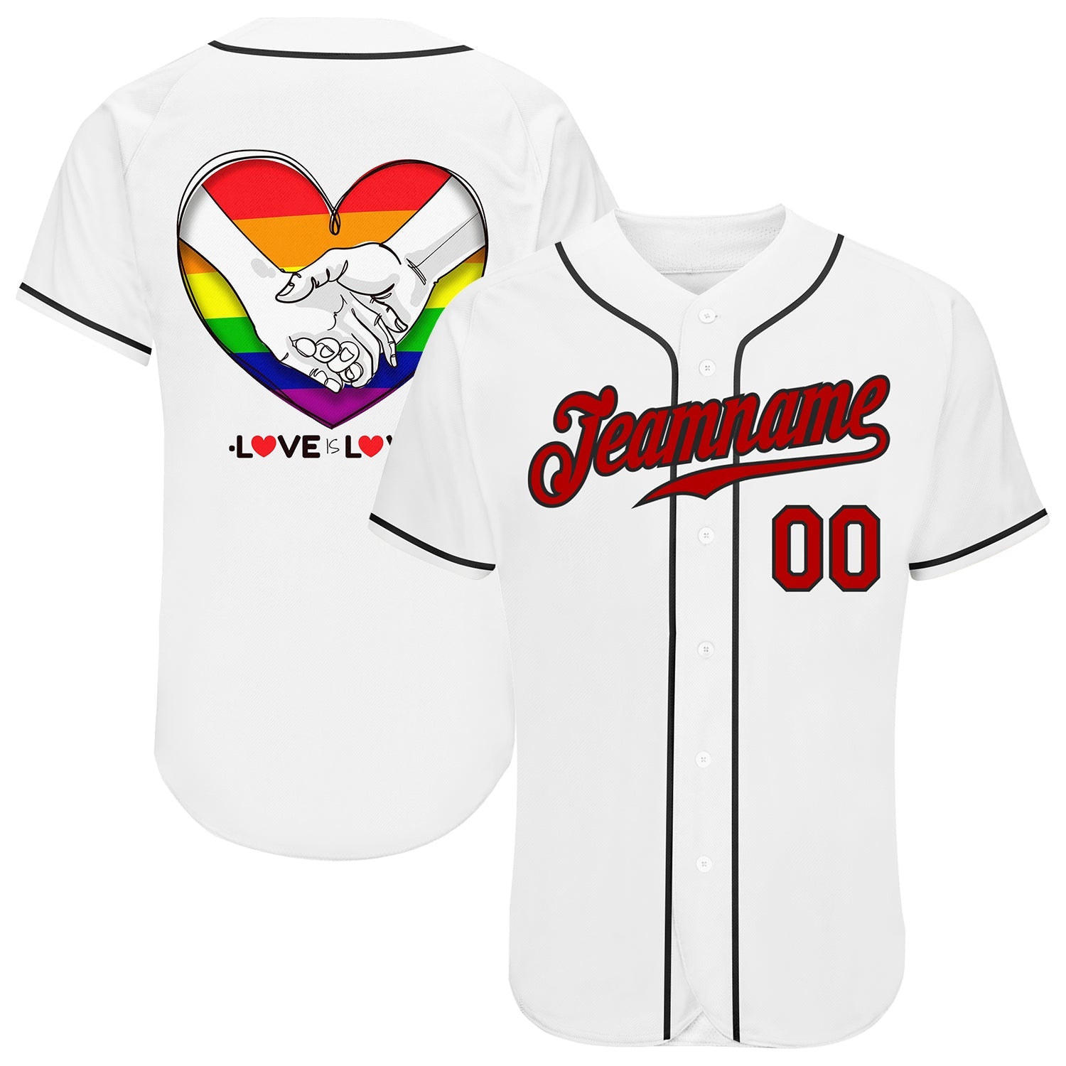 Custom White Red-Black Rainbow Colored Heart For Pride Month Love Is Love LGBT Authentic Baseball Jersey - Main View