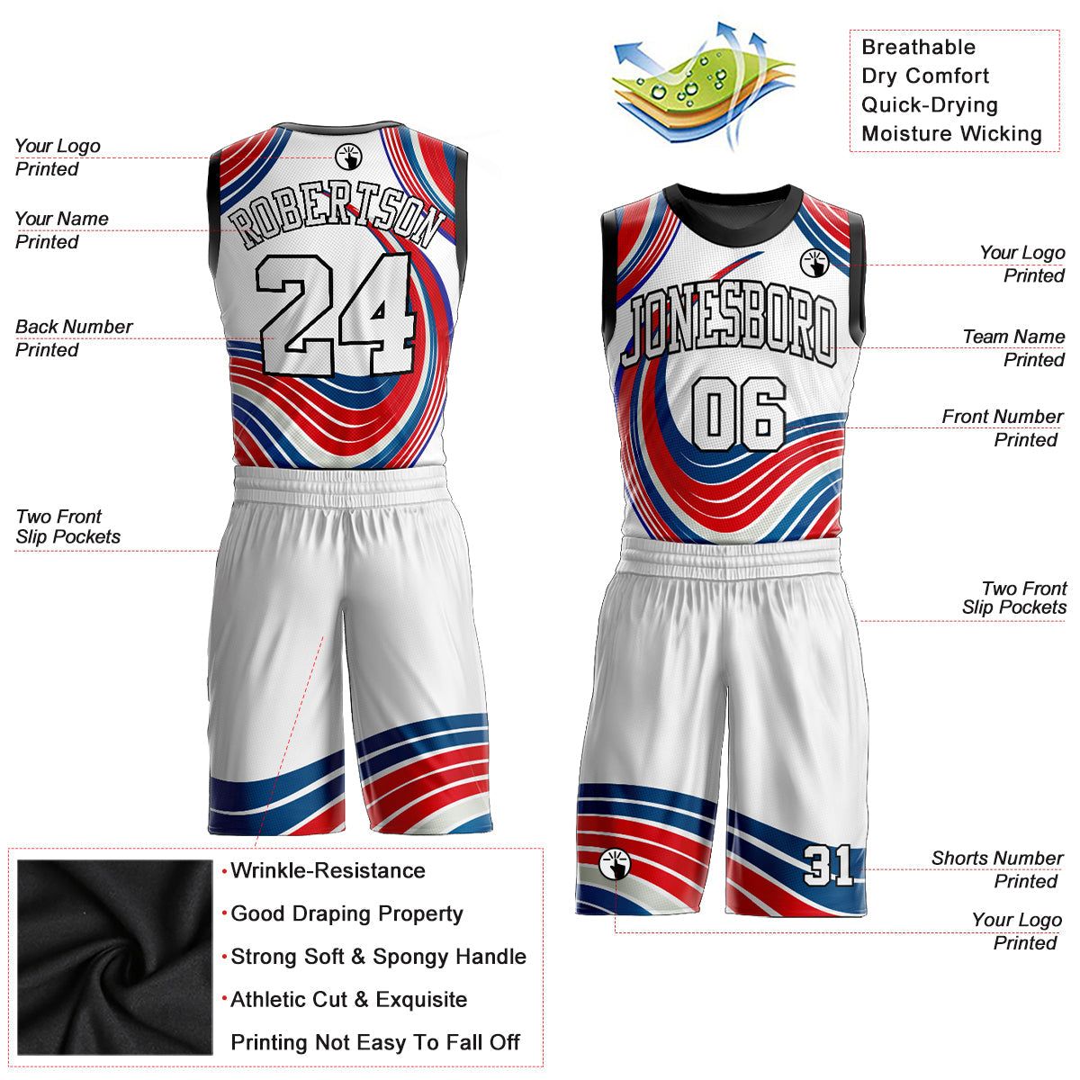 Custom White White-Red Round Neck Sublimation Basketball Uniform Jersey view 2