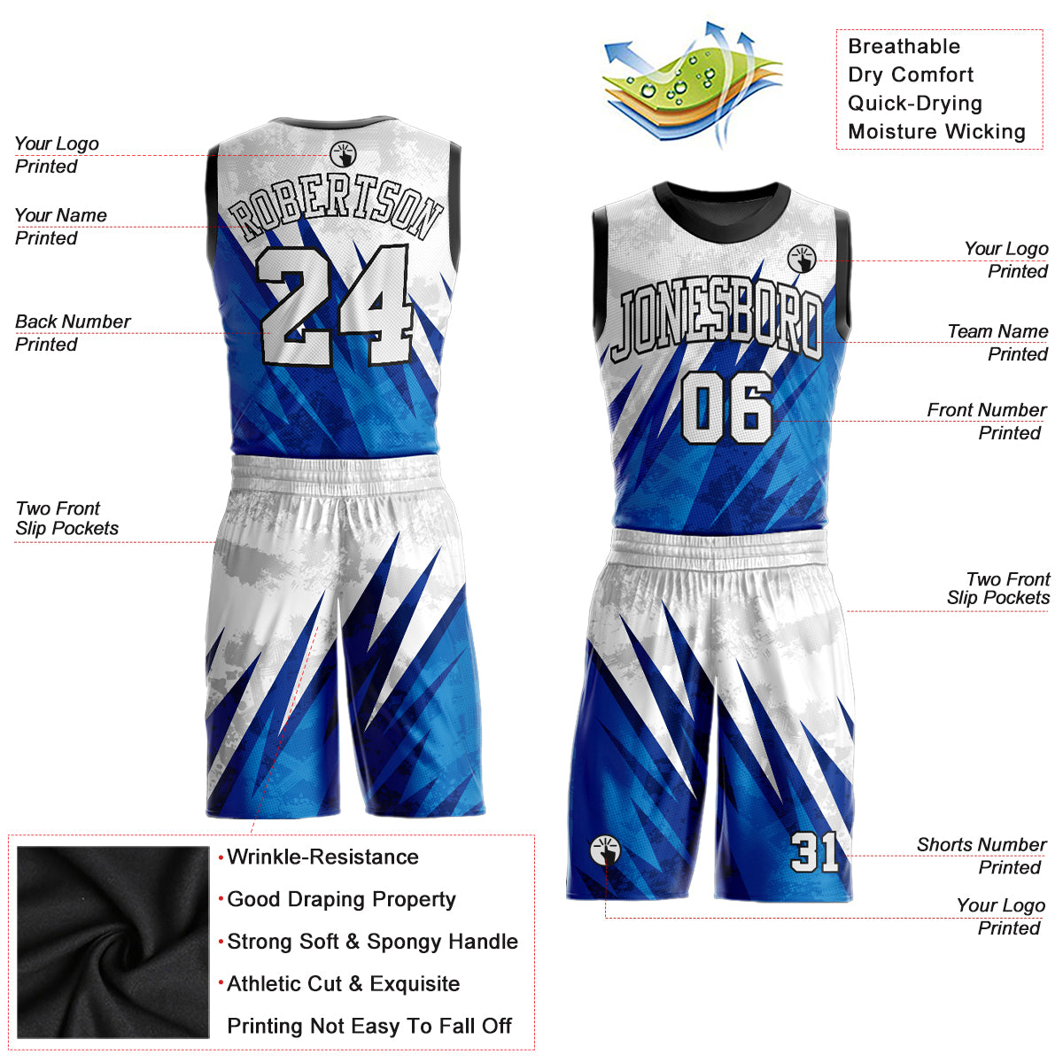 Custom White White-Royal Round Neck Sublimation Basketball Uniform Jersey view 3