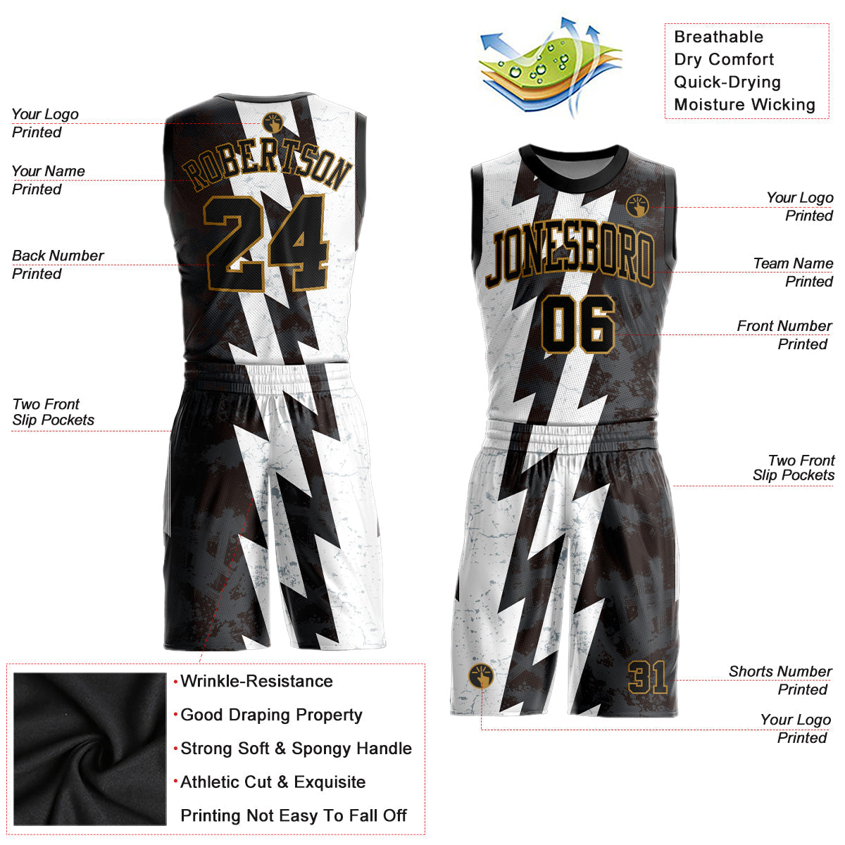 Custom White Black-Old Gold Round Neck Sublimation Basketball Uniform Jersey view 2