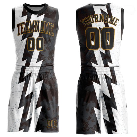 Custom White Black-Old Gold Round Neck Sublimation Basketball Uniform Jersey - Main View