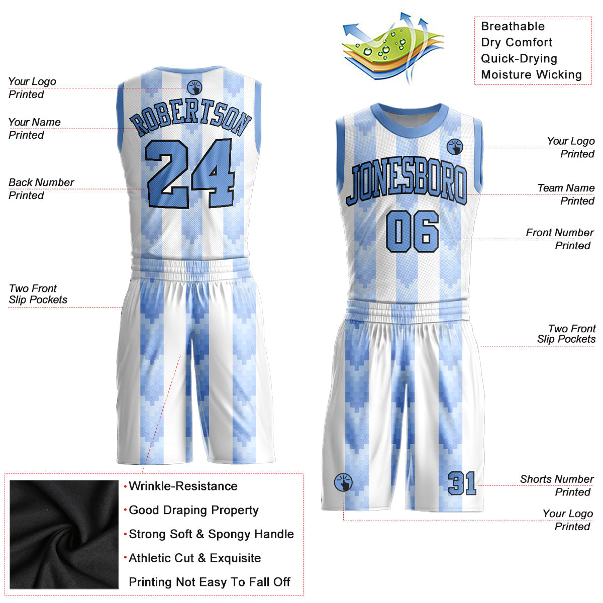 Custom White Light Blue-Black Round Neck Sublimation Basketball Uniform Jersey view 2