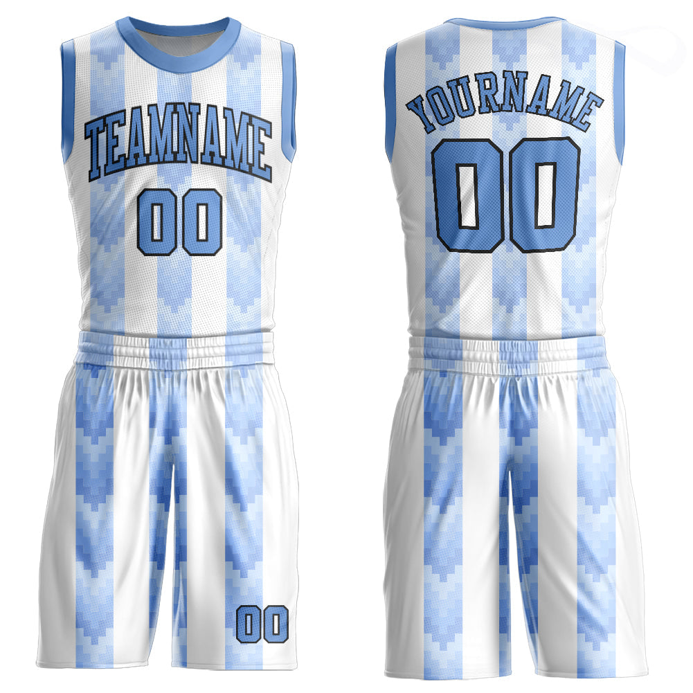 Custom White Light Blue-Black Round Neck Sublimation Basketball Uniform Jersey - Main View