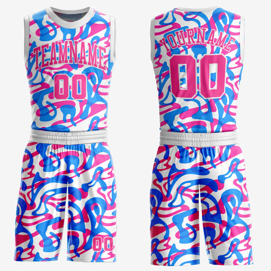 Custom White Pink-Light Blue Music Festival Round Neck Sublimation Basketball Uniform Jersey - Main View