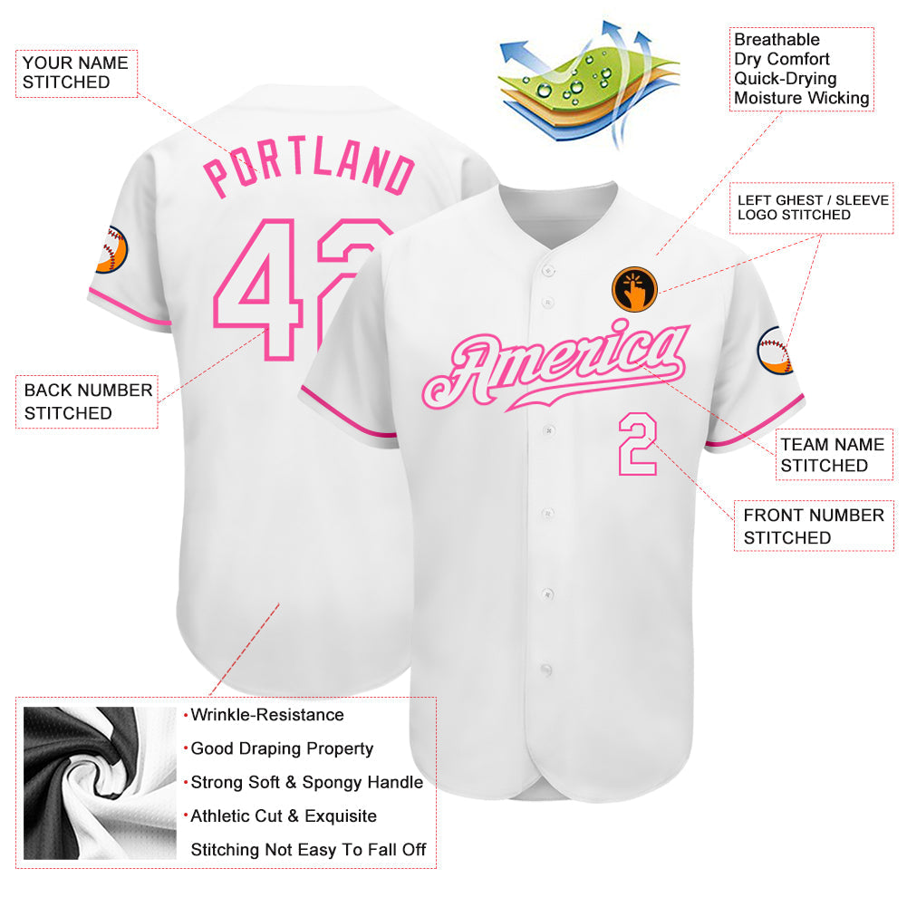 Custom White White-Pink Authentic Baseball Jersey view 3