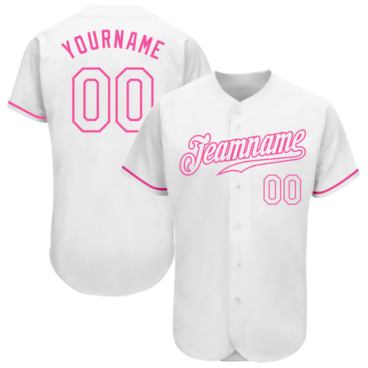 Custom White White-Pink Authentic Baseball Jersey - Main View
