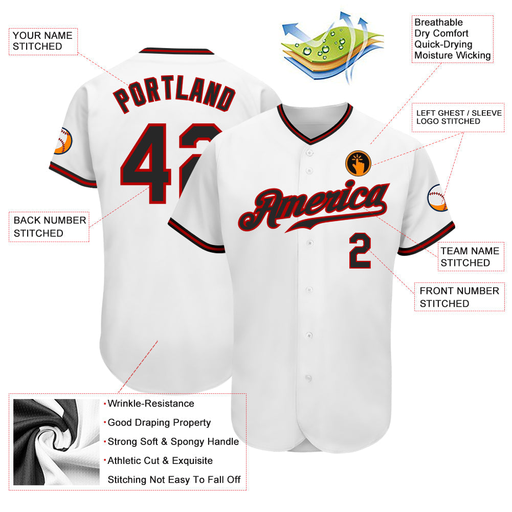 Custom White Black-Red Authentic Baseball Jersey view 3