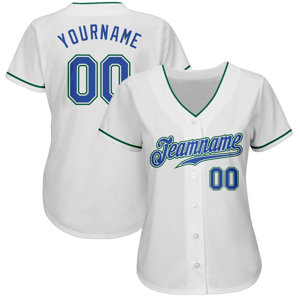 Custom White Blue-Kelly Green Authentic Baseball Jersey view 2