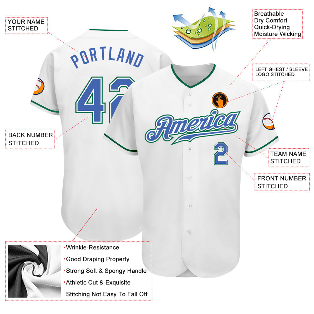 Custom White Blue-Kelly Green Authentic Baseball Jersey view 3