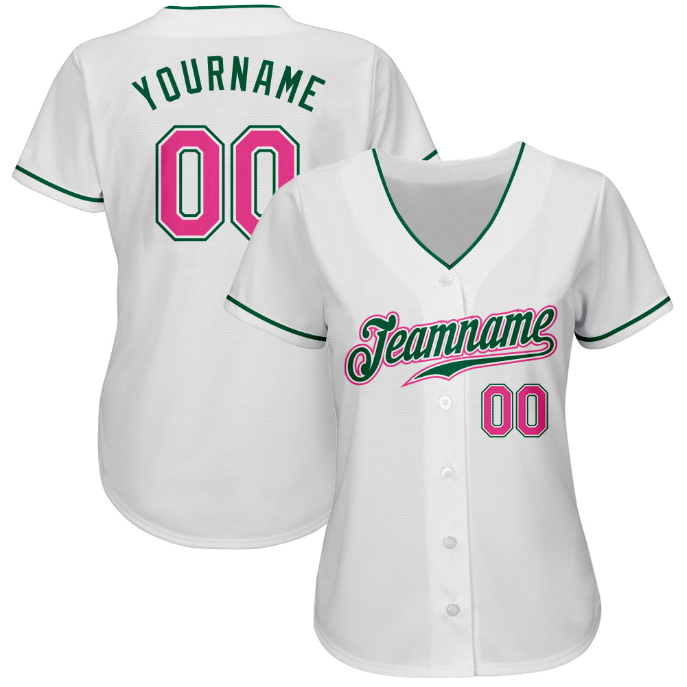 Custom White Pink-Kelly Green Authentic Baseball Jersey view 2