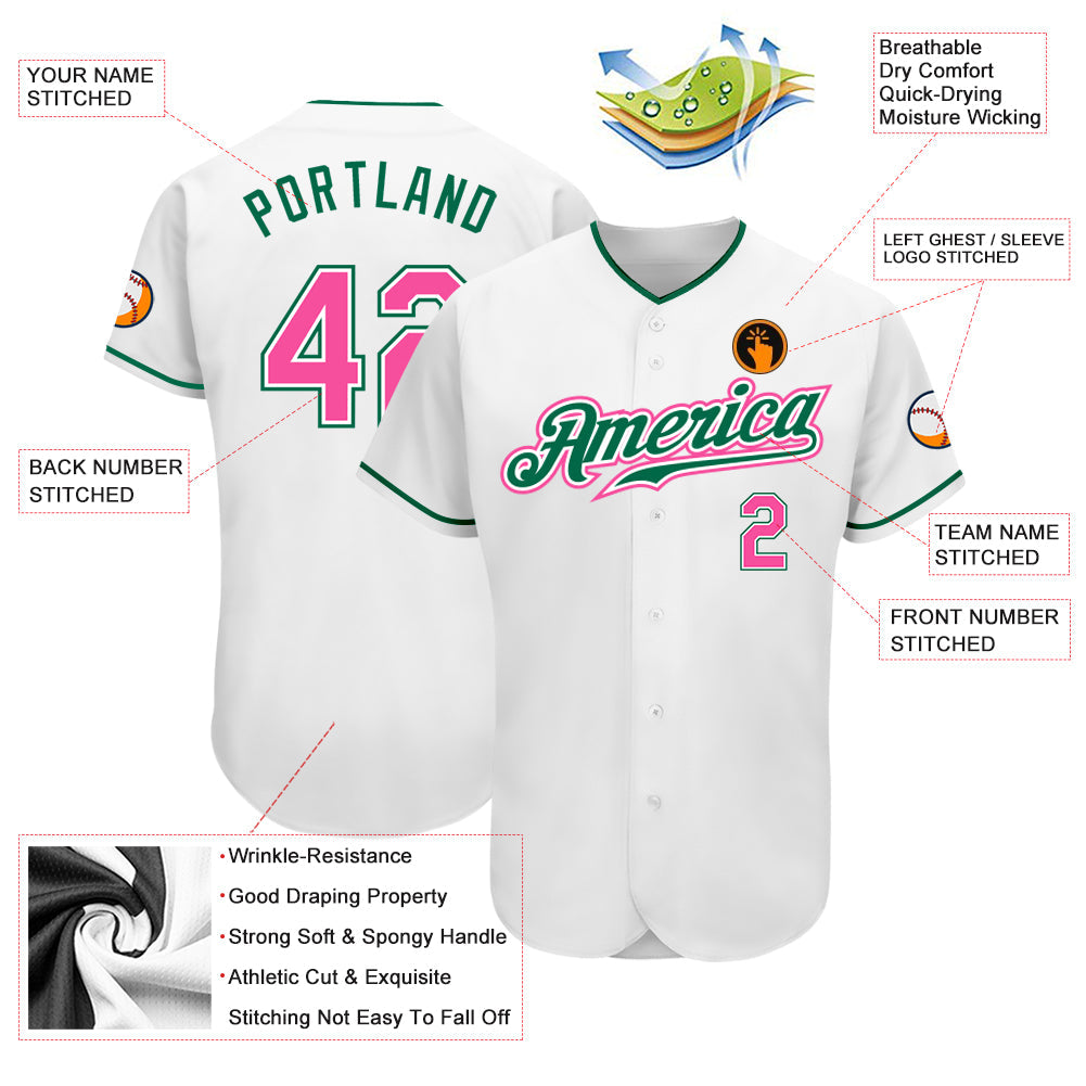 Custom White Pink-Kelly Green Authentic Baseball Jersey view 3