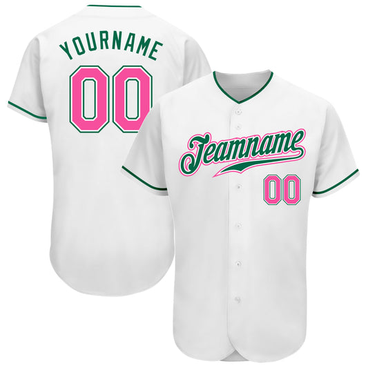 Custom White Pink-Kelly Green Authentic Baseball Jersey - Main View