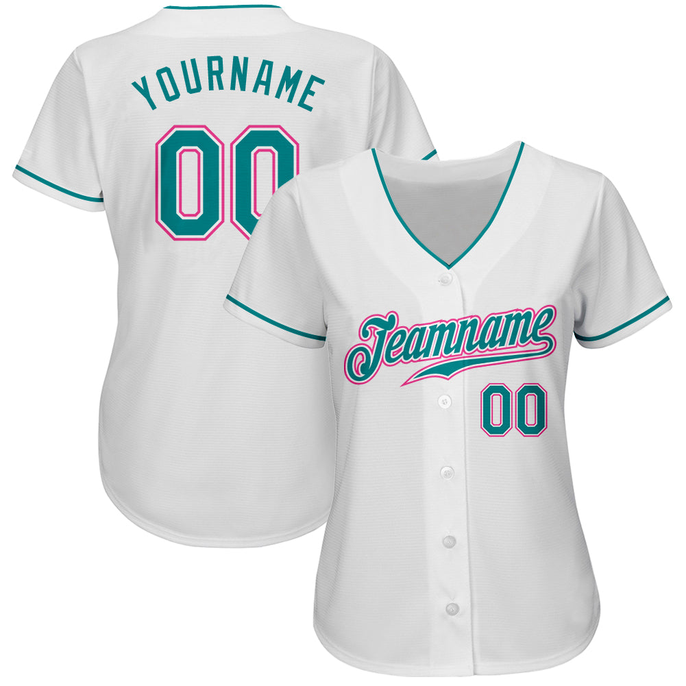 Custom White Teal-Pink Authentic Baseball Jersey view 2