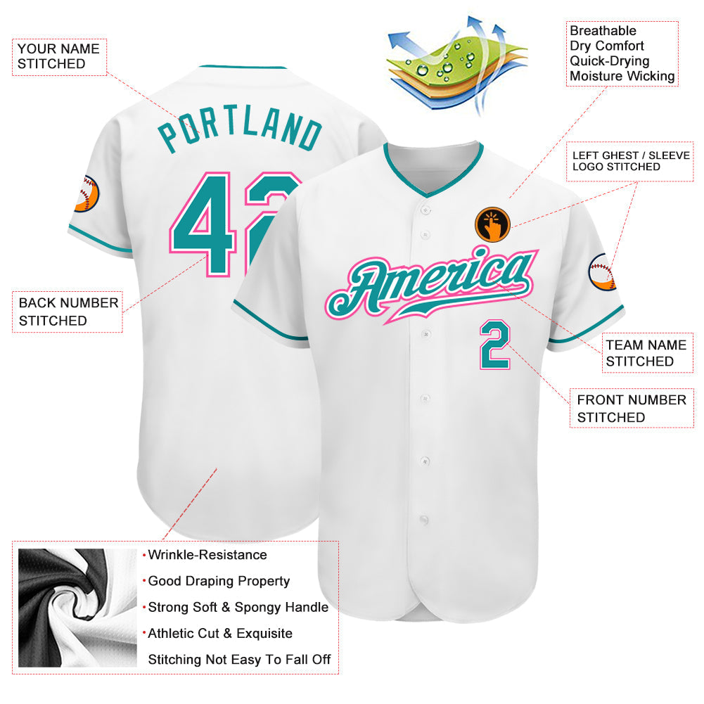 Custom White Teal-Pink Authentic Baseball Jersey view 3