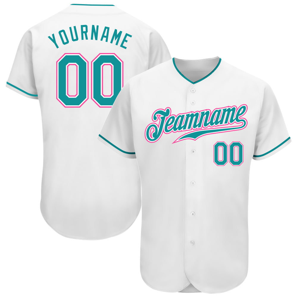 Custom White Teal-Pink Authentic Baseball Jersey - Main View