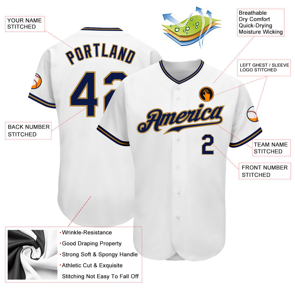 Custom White Navy-Old Gold Authentic Baseball Jersey view 3