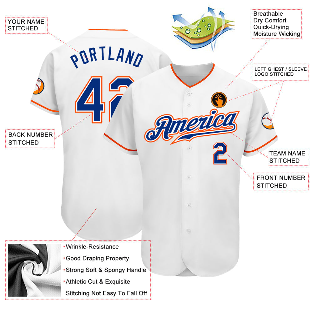 Custom White Royal-Orange Authentic Baseball Jersey view 3