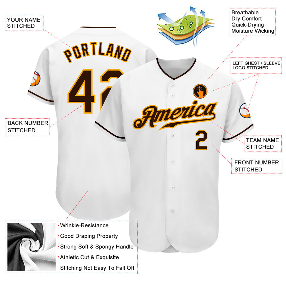 Custom White Brown-Gold Authentic Baseball Jersey view 3