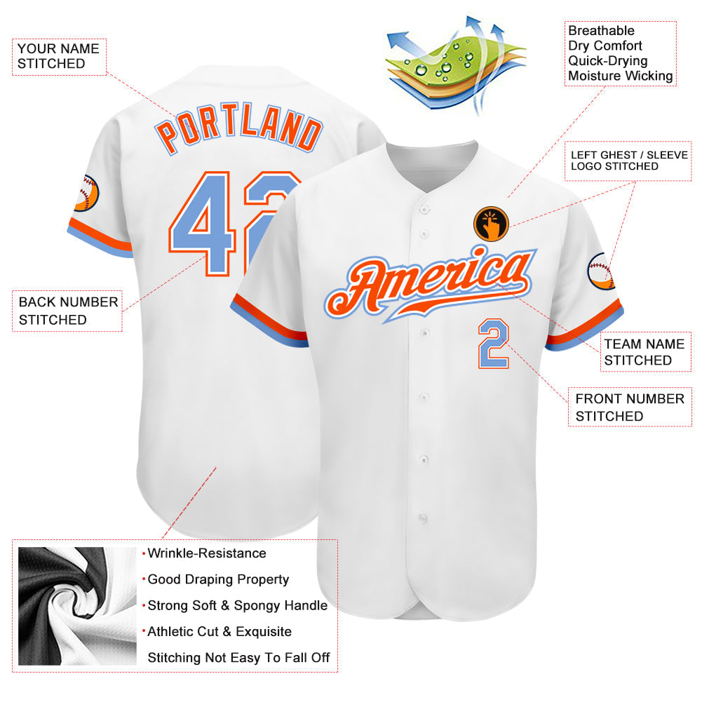 Custom White Powder Blue-Orange Authentic Baseball Jersey view 3