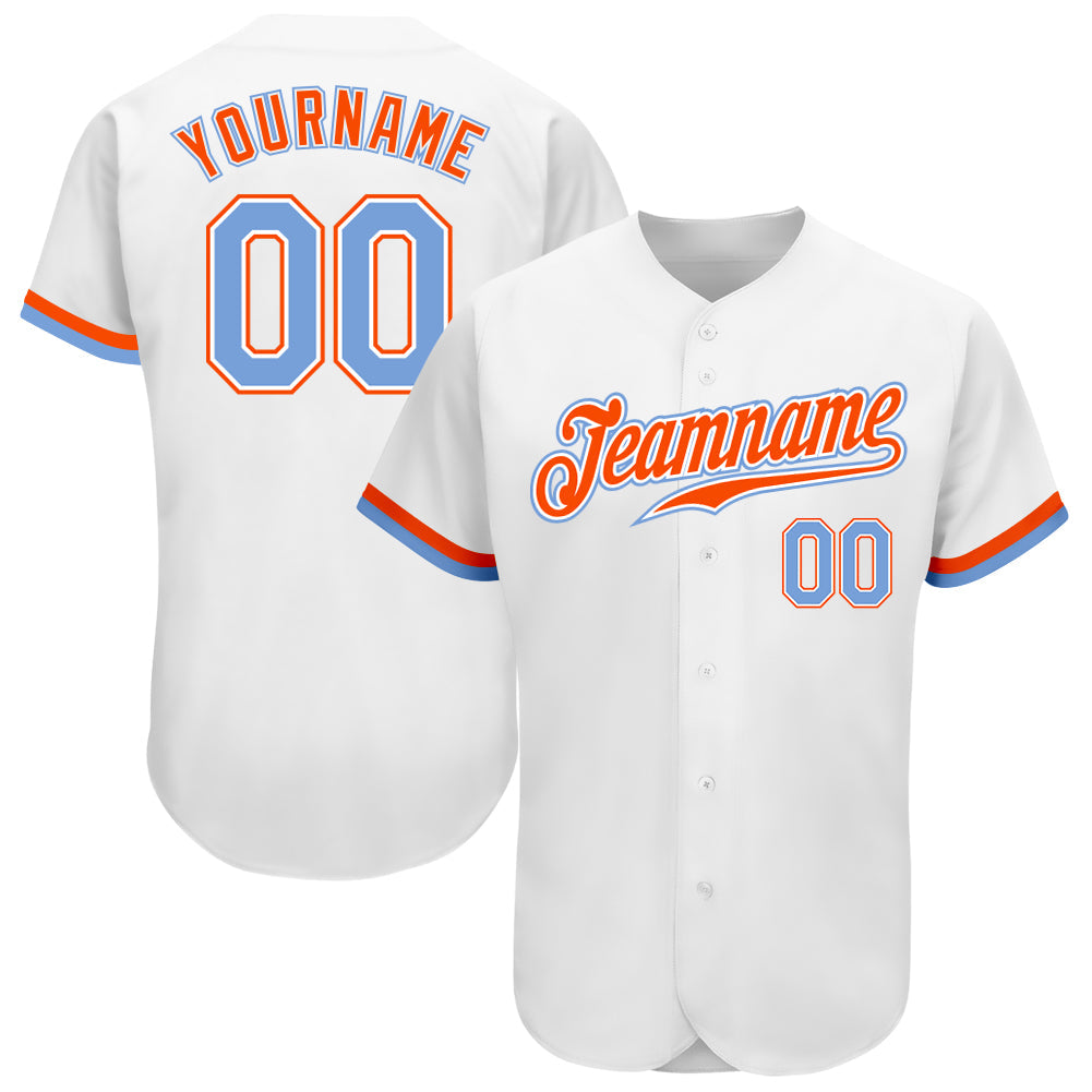 Custom White Powder Blue-Orange Authentic Baseball Jersey - Main View