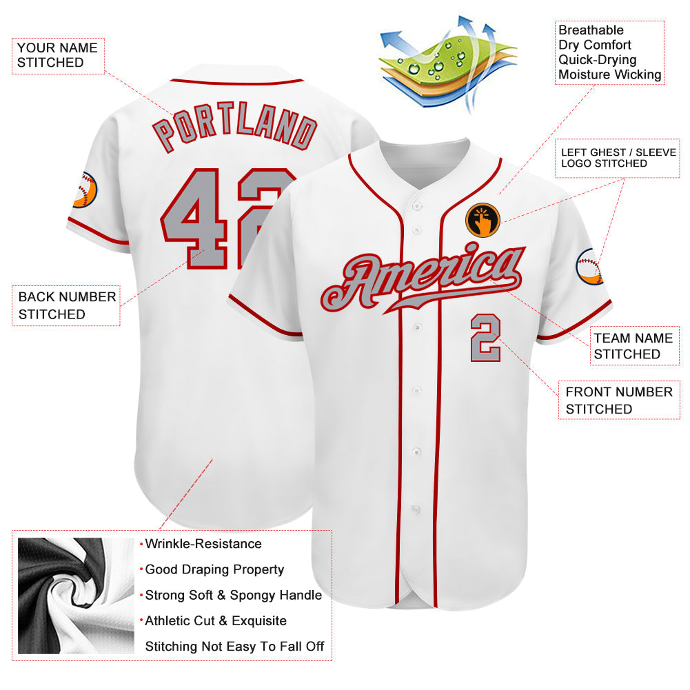 Custom White Gray-Red Authentic Baseball Jersey view 3