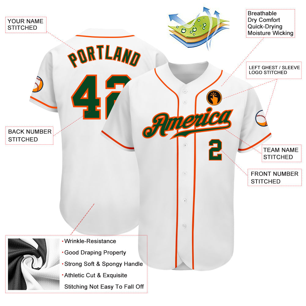 Custom White Green-Orange Authentic Baseball Jersey view 3