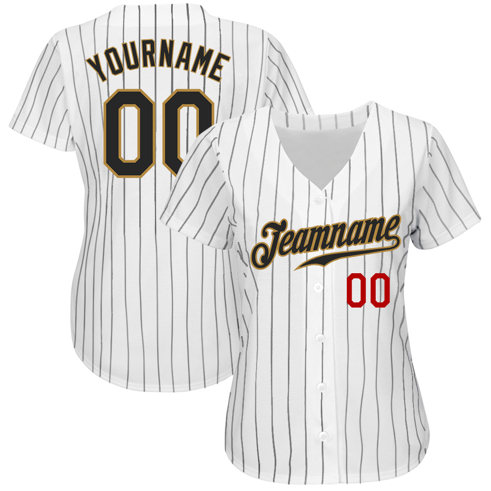 Custom White Black Pinstripe Black Old Gold-Red Authentic Baseball Jersey view 2