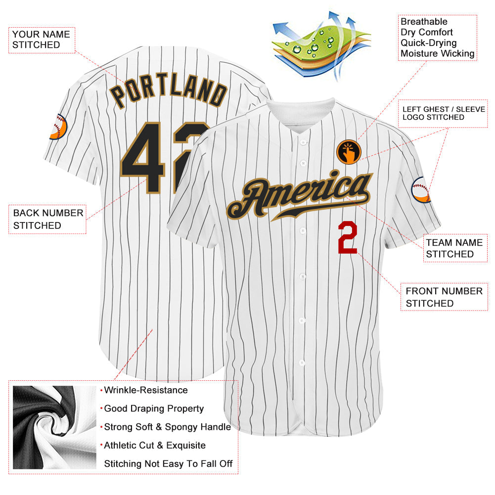 Custom White Black Pinstripe Black Old Gold-Red Authentic Baseball Jersey view 3