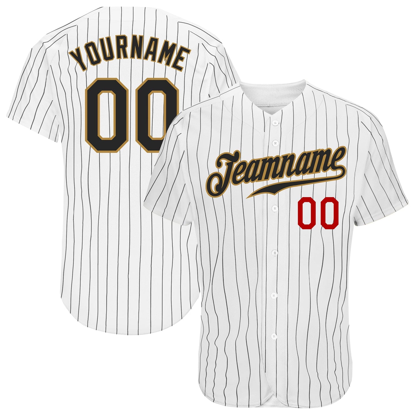 Custom White Black Pinstripe Black Old Gold-Red Authentic Baseball Jersey - Main View