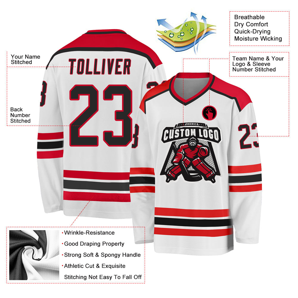 Custom White Black-Red Hockey Jersey view 3