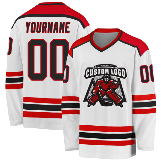 Custom White Black-Red Hockey Jersey - Main View