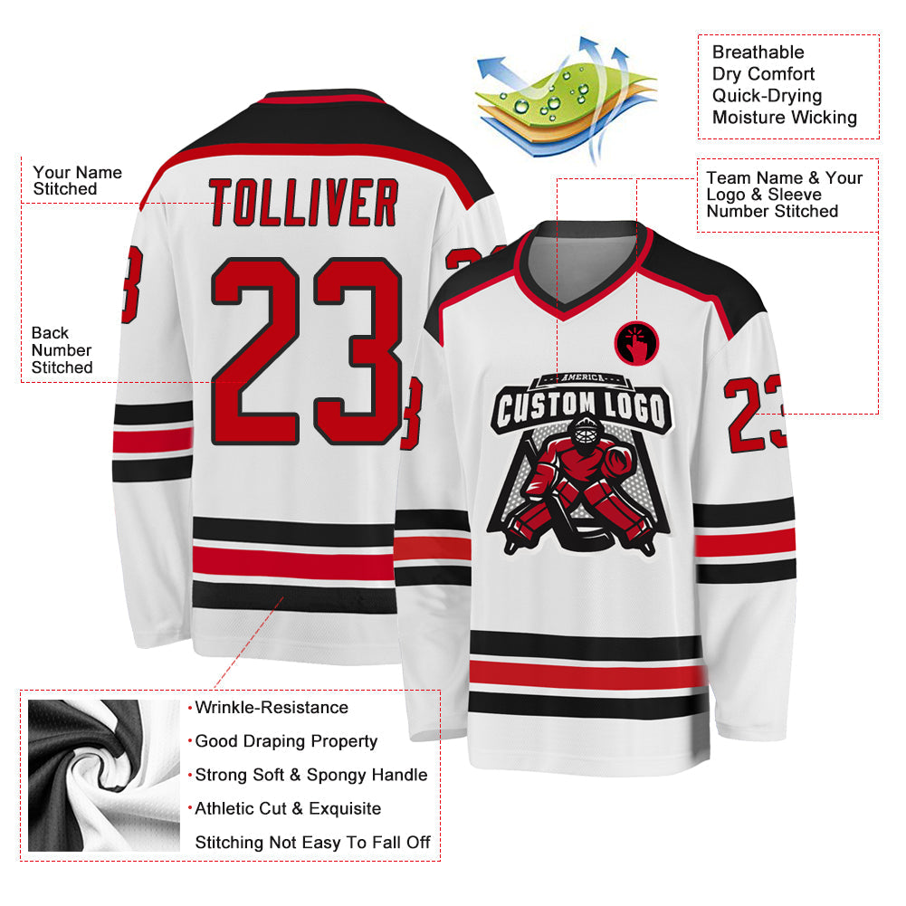 Custom White Red-Black Hockey Jersey view 3