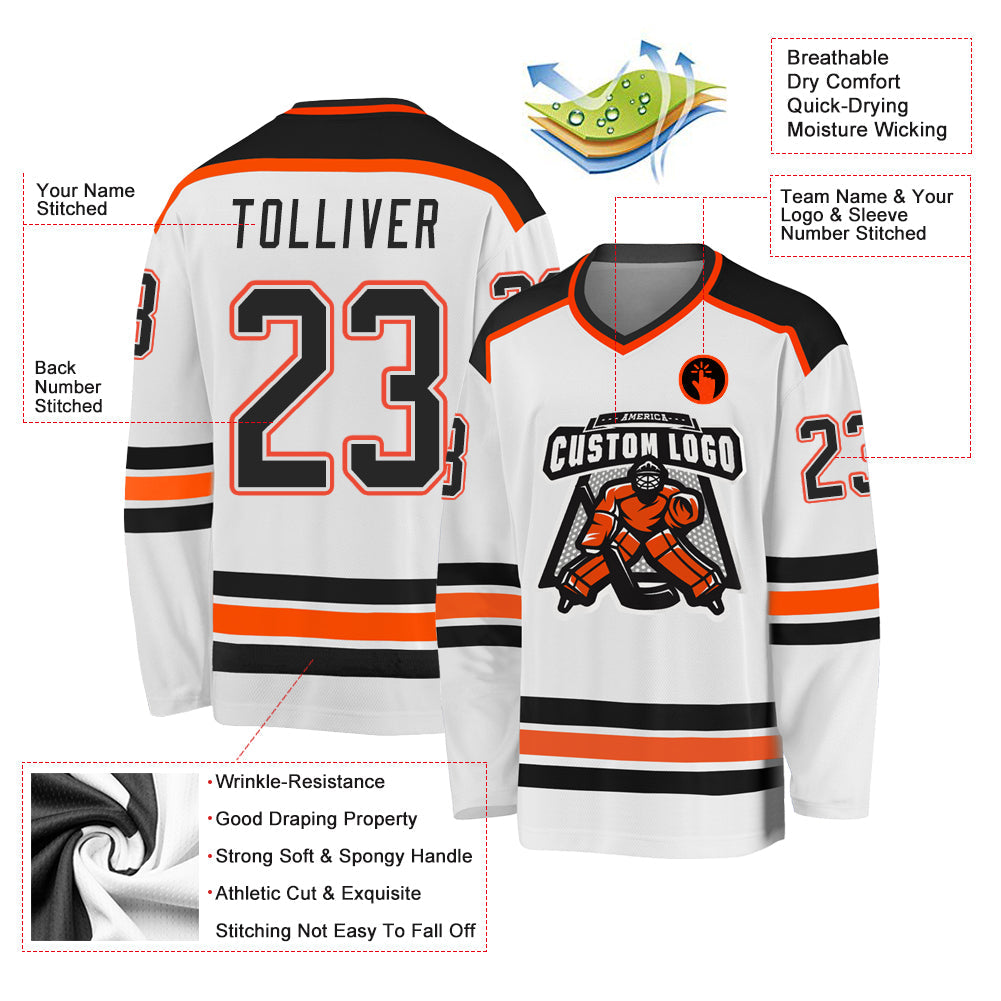 Custom White Black-Orange Hockey Jersey view 3