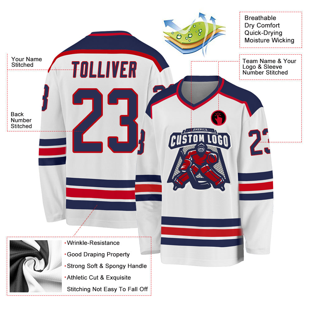 Custom White Navy-Red Hockey Jersey view 3