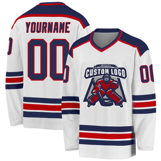 Custom White Navy-Red Hockey Jersey - Main View
