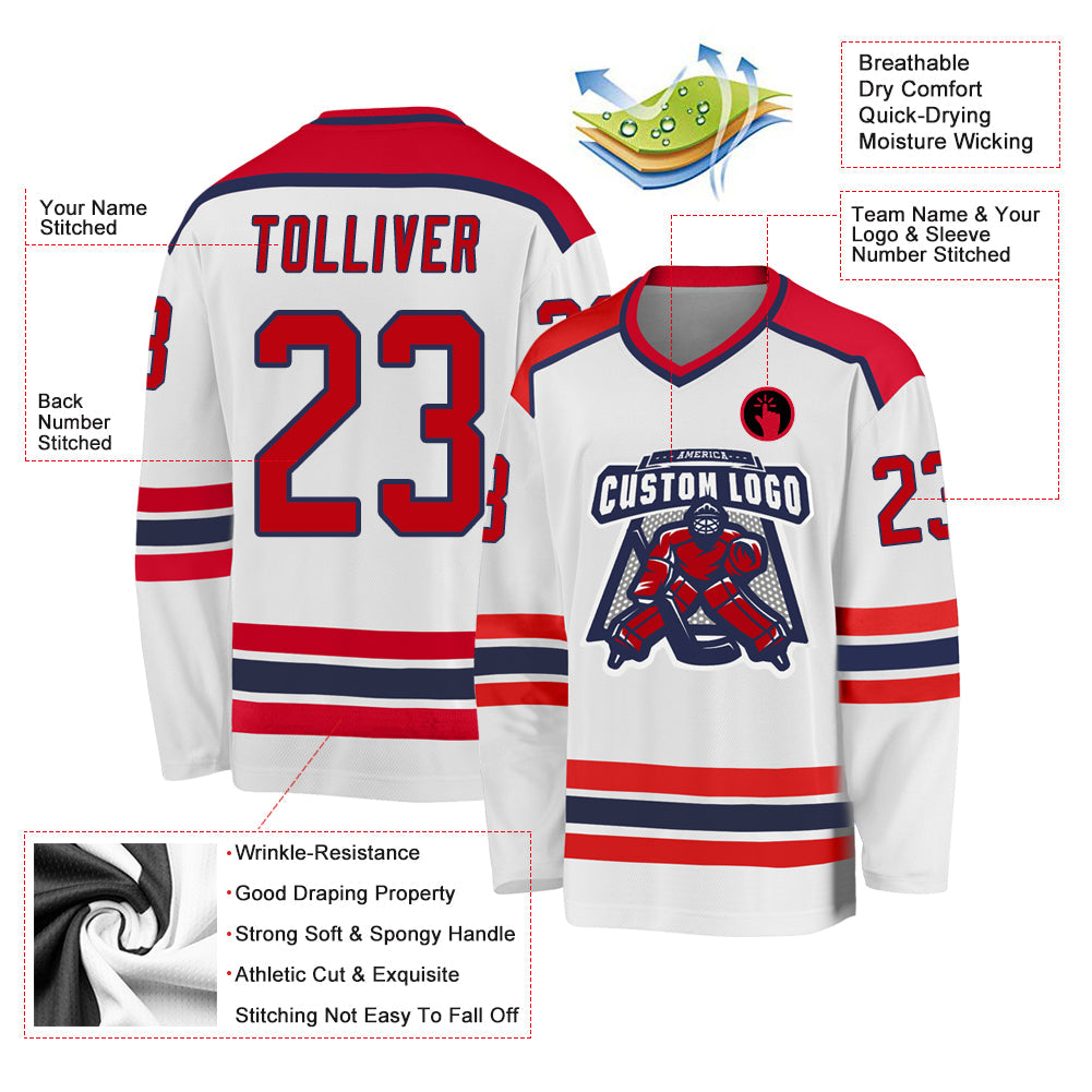 Custom White Red-Navy Hockey Jersey view 3