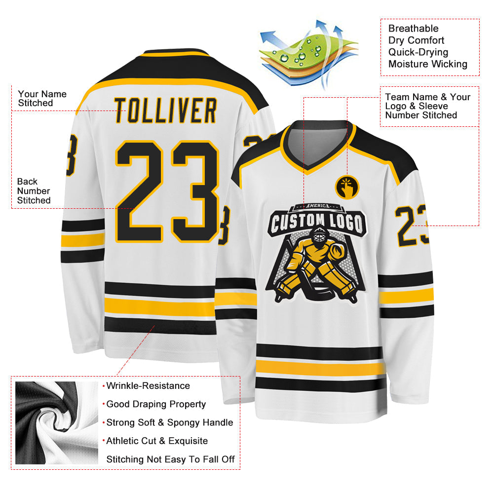 Custom White Black-Gold Hockey Jersey view 3