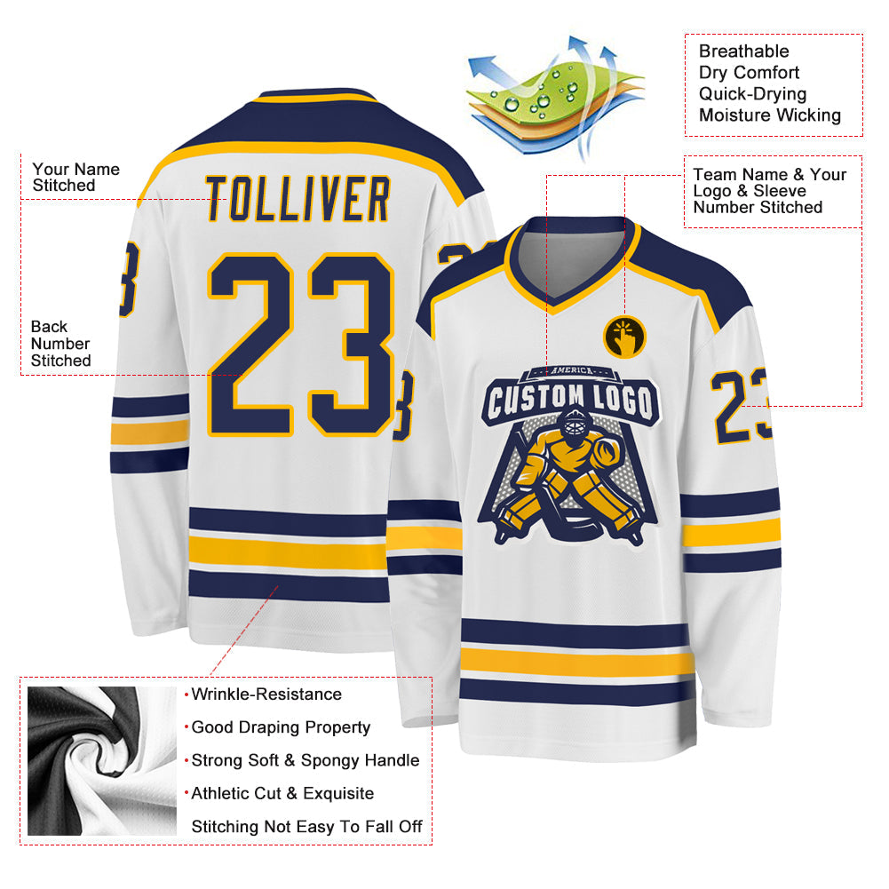 Custom White Navy-Gold Hockey Jersey view 3