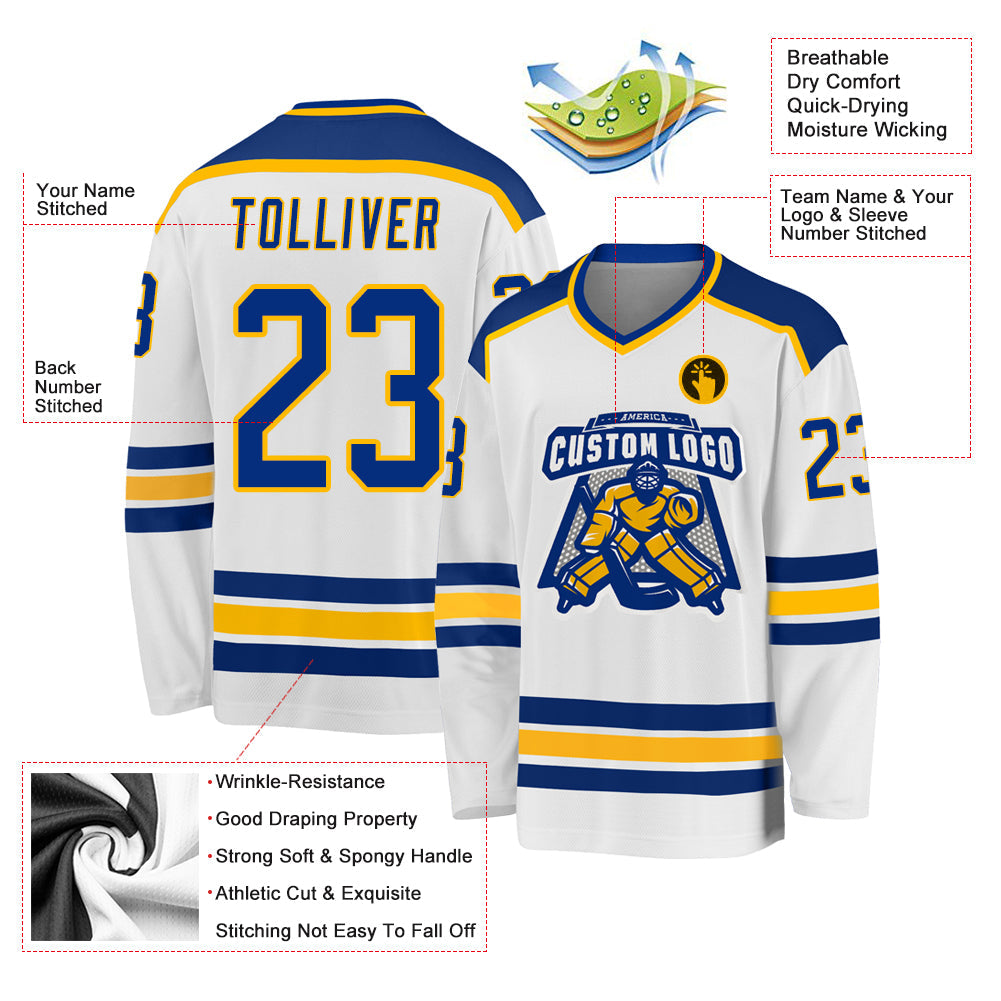 Custom White Royal-Gold Hockey Jersey view 3