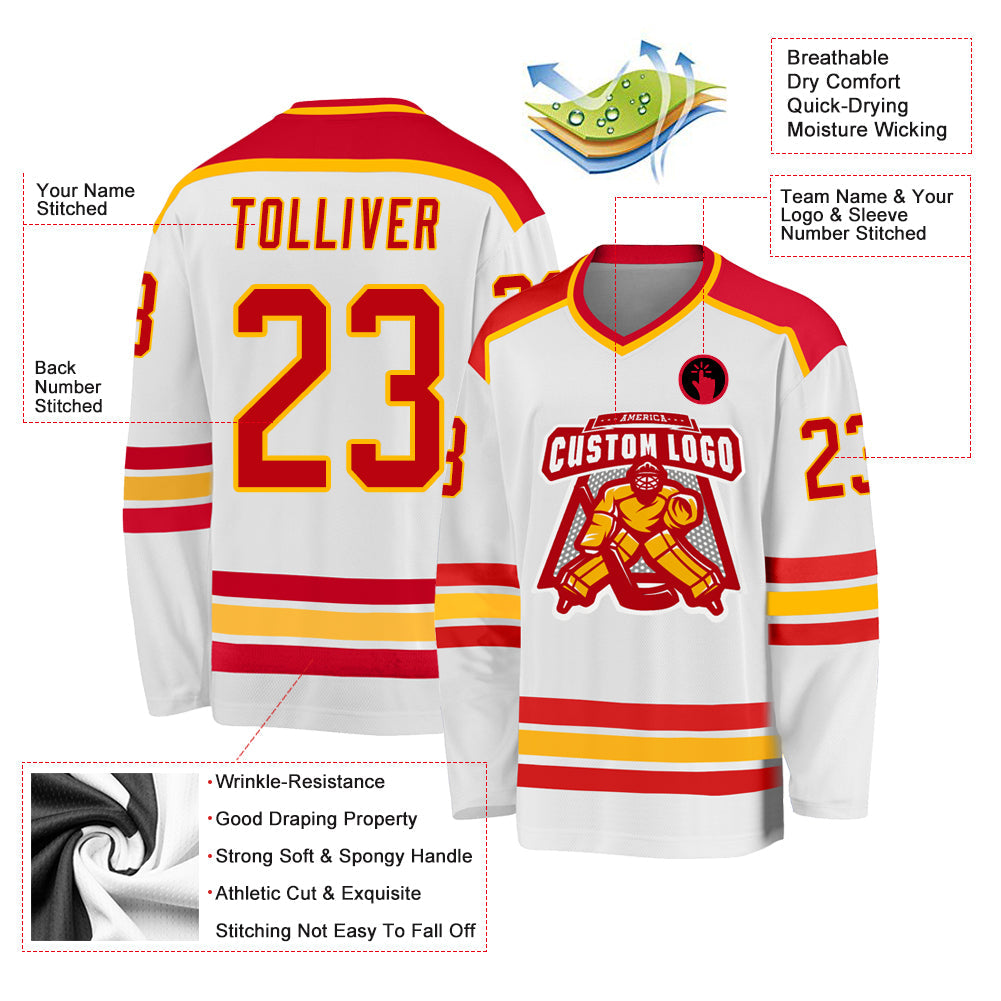 Custom White Red-Gold Hockey Jersey view 3